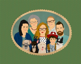 Large family Portraits Custom family Illustration Personalized Family Portraits with pets Portrait of 5 or more people and pet.