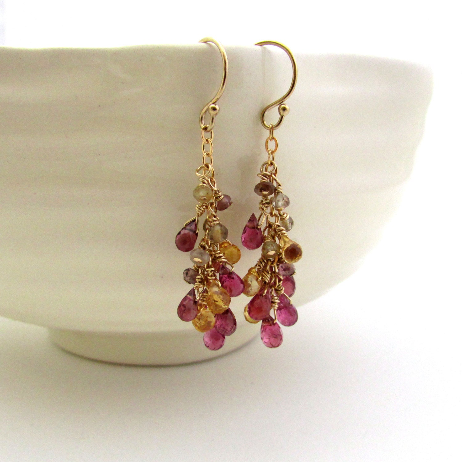 Multi gemstone earrings dark pink tourmaline earrings tiny