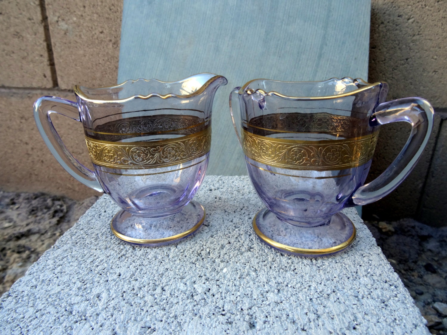 Amethyst Depression Glass Creamer And Sugar Set Vintage