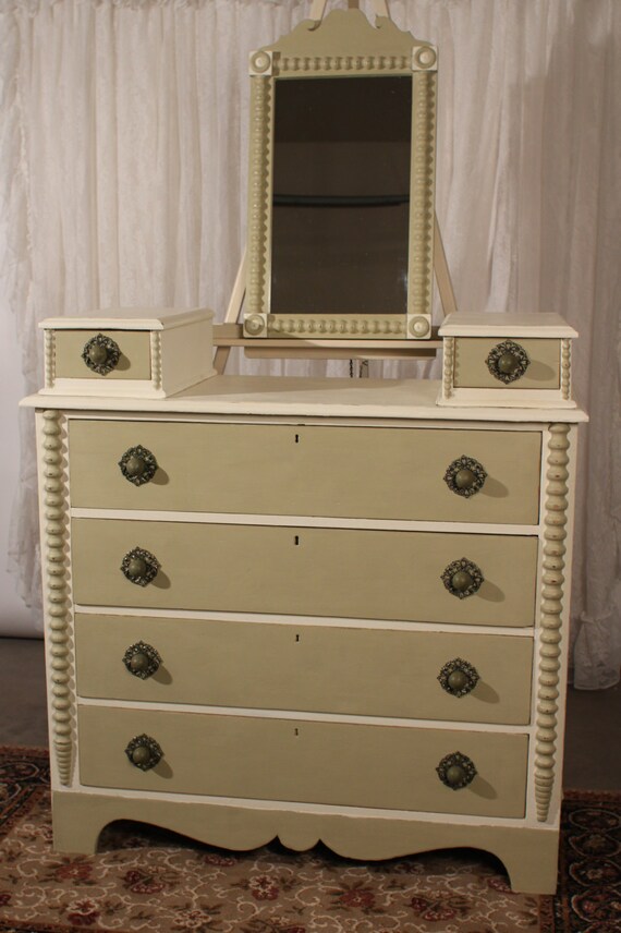 Shabby Chic Antique Glove Box Dresser with Mirror in Old White