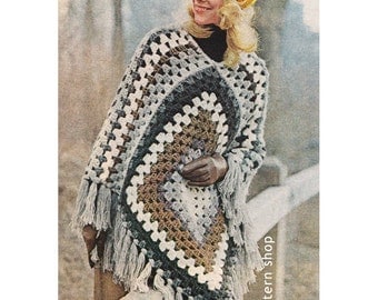 1970s Vintage Crochet Poncho Pattern Easy Granny Square Poncho Crochet Pattern PDF Instant Download - C55