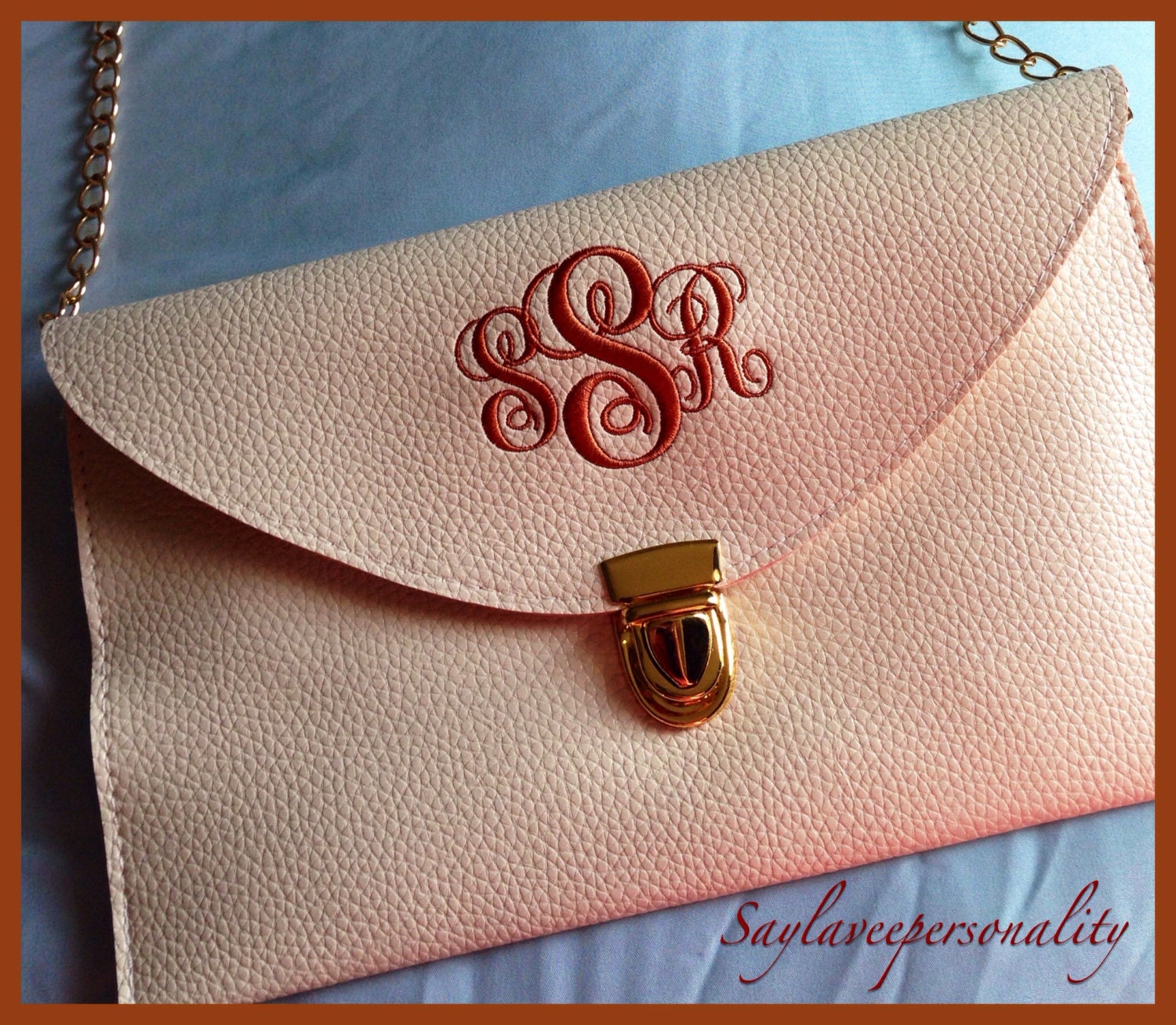 Monogrammed leather clutch purse with custom initials