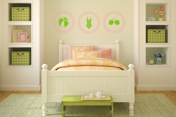 Nautical Wall Decals, Girls wall decals, Beach decals, Rope Frames, Beach Balls, Swimsuit and Sunglasses Decals, Summer wall decor