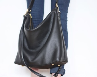 NELA - Leather Hobo Bag (MEDIUM) - BLACK