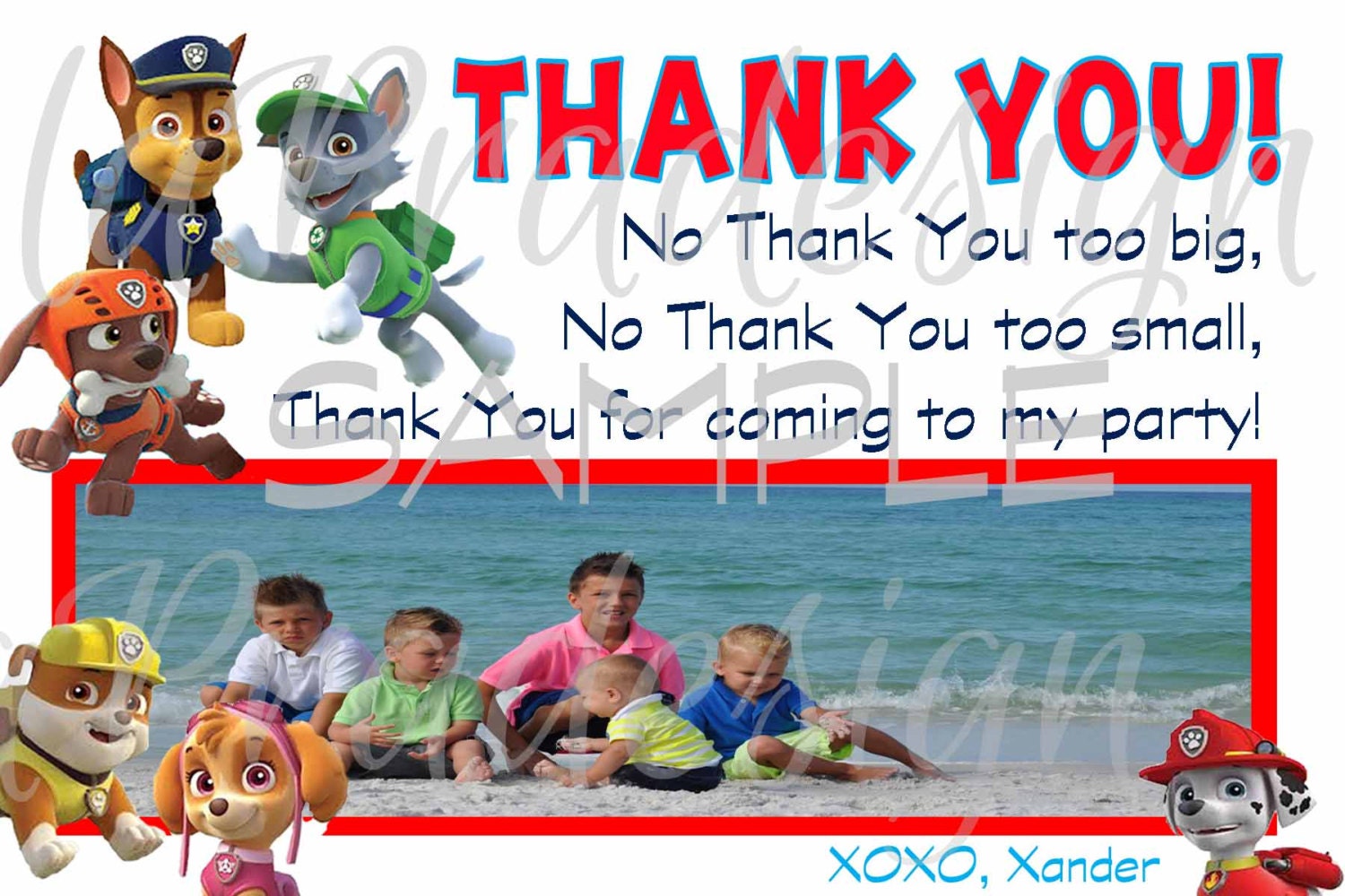 Paw Patrol Birthday Thank you Card With Picture BOY OR GIRL