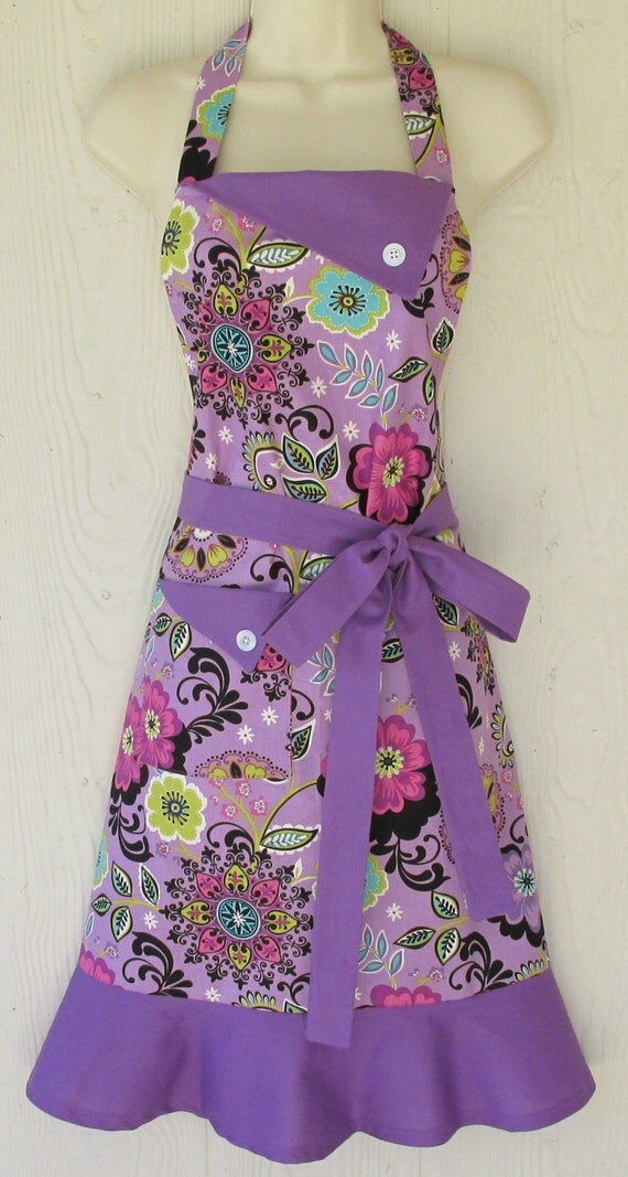 Women's Floral Apron , Retro Style Apron, Full Apron , Orchid Apron, Purple Apron, Flowers , KitschNStyle