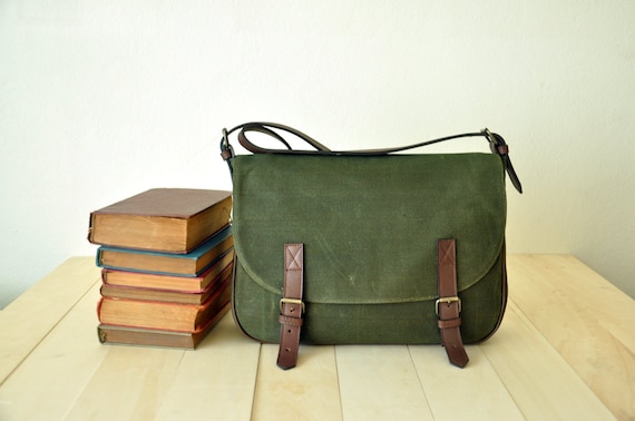 Waxed Canvas Messenger Bag in Olive Green Leather Strap