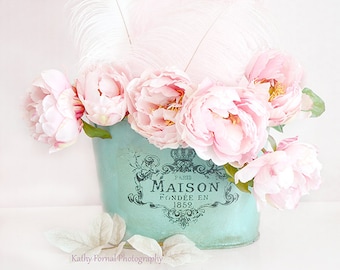 Paris Peonies Flower Photography, Dreamy Shabby Chic Decor, Pink Peony Prints, Pink Aqua Teal Peonies Floral Decor, Baby Girl Nursery Decor