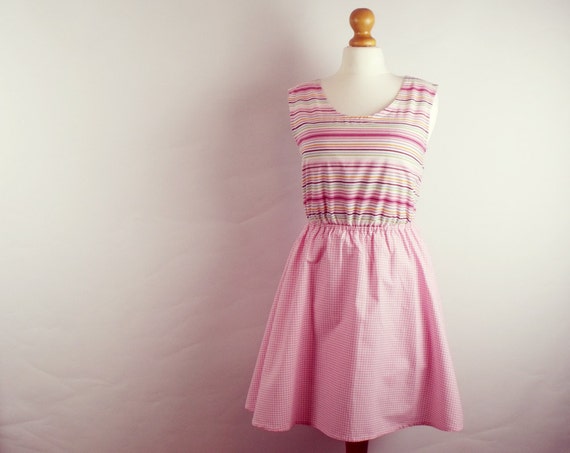 Cute pink stripe and gingham dress skater dress vintage cotton