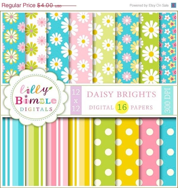 50% off Daisy Digital Papers daisies, scrapbooking, Spring paper, polka dots, turquoise, green, pink Il_570xn