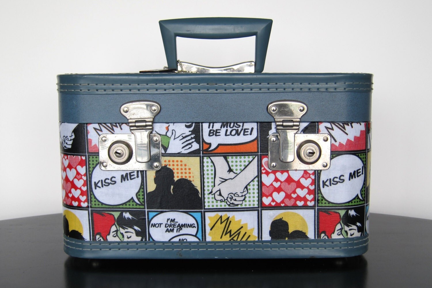 Upcycled Vintage Train Case Decoupaged with Kiss Me Fabric