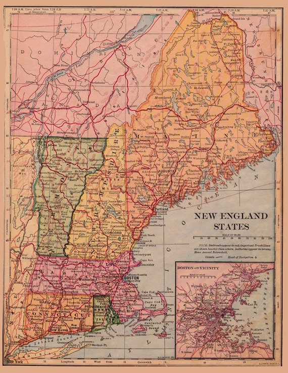 map of New England circa 1900 a printable digital download
