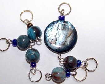 Hand Made Stitch Markers -- Teal and Brown Seashell and Agate