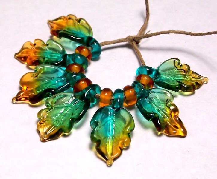 Handmade Lampwork Glass Leaf Beads Vintage Leaves