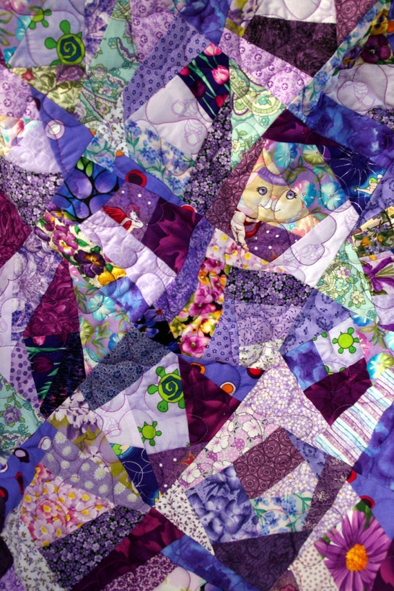 Crazy quilted blanket Baby scrap quiltPlaymatPurple lap