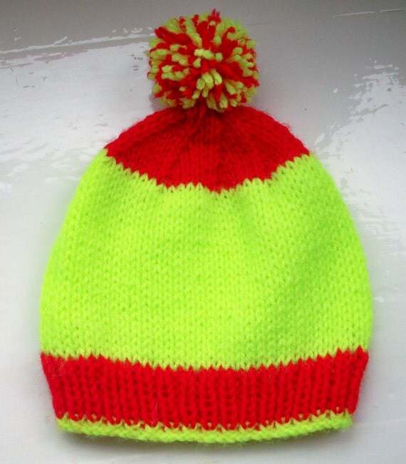 Child's pompom hat, wool free, vegan, acid green, red, knit