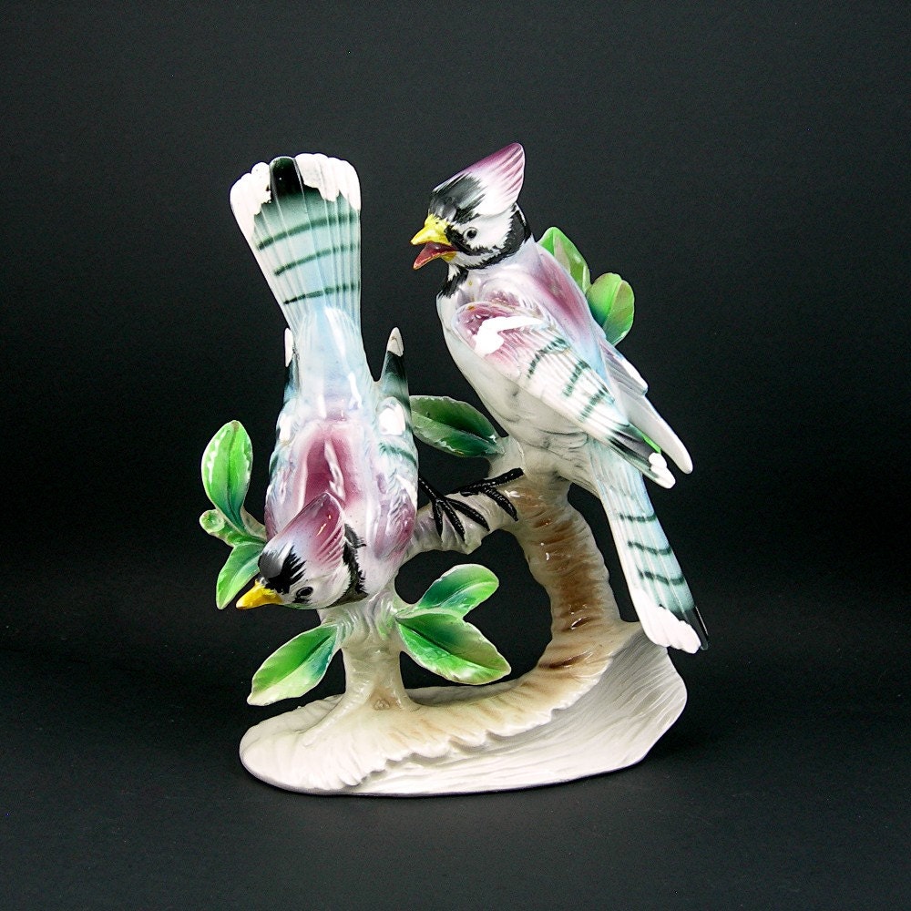 Birds Figurine Japanese Porcelain Blue Jays by AtticDustAntiques