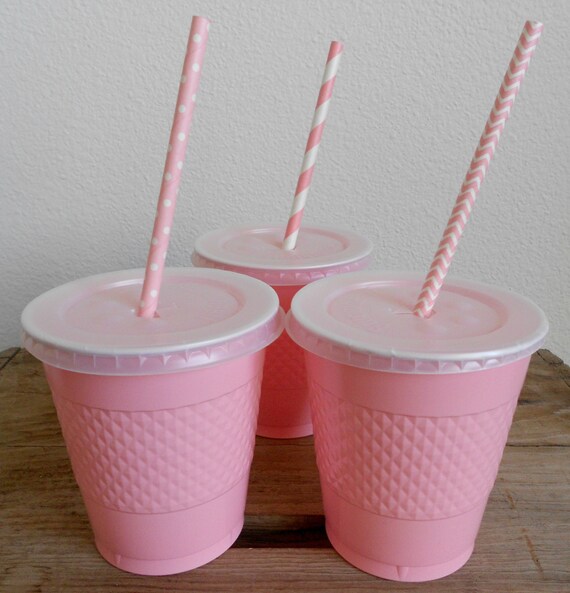 Items similar to 10 Pink Plastic cups kids parties lids with straw hole