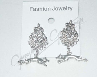 Fancy Silver Plate Filigree Earrings w Silver Plate Stretch Running Greyhound Dog Charms