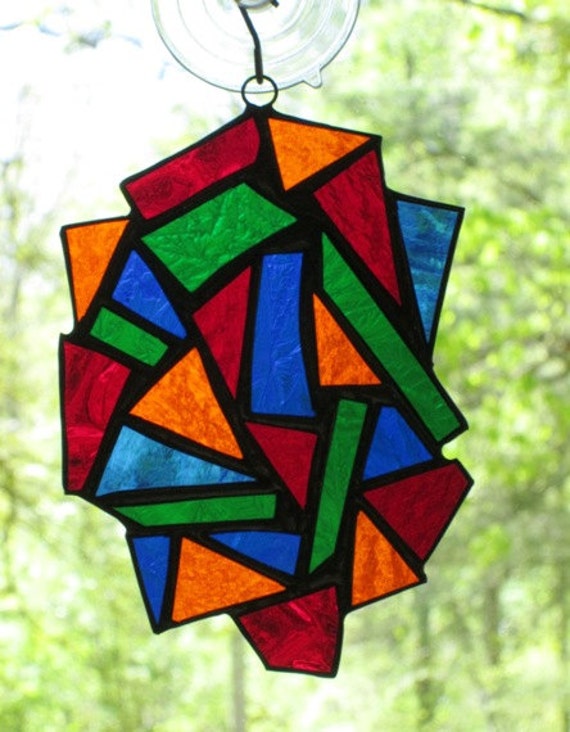 Stained Glass Suncatcher Panel Abstract In Red Orange 9260