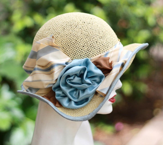 Trendy Summer Tea Party Garden Wedding Straw Hat Wide Brim Butter Cream and Pale Blue Large Flower