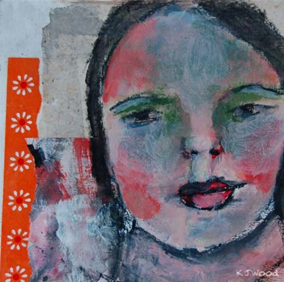 Acrylic Portrait Painting, Collage, Girl, Face, Orange, Flowers, Abstract, 6x6 canvas panel, Free Shipping USA