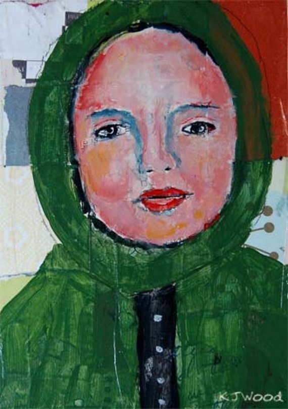 Acrylic Portrait Painting - Baby It's Cold Outside, 5x7, girl, Green Coat, Hood, Collaged Background