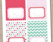 Valentines Day Buffet Card Blank Labels PDF Pink Red Aqua Blue Hearts Polka Dots & Chevron Stripes INSTANT DOWNLOAD Il_170x135