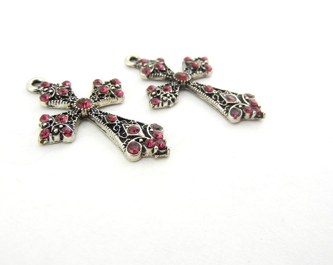 Antique Silver-tone Cross Charms with Red Rhinestones