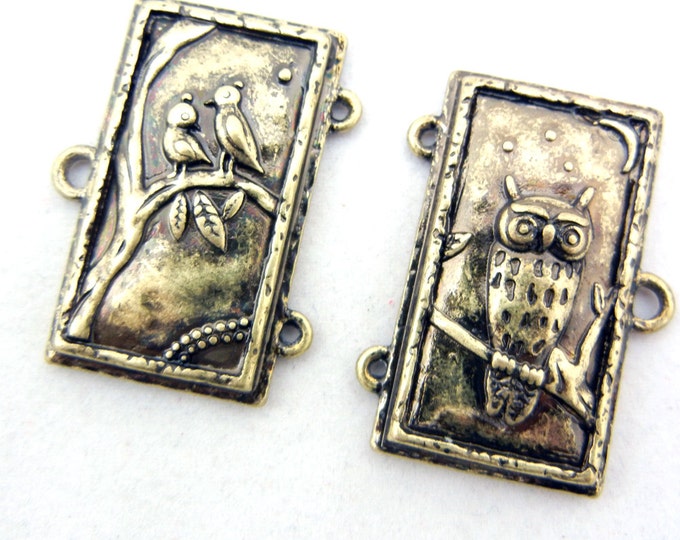 Pair of Double Link Burnished Gold-tone Rectanglular Bird and Owl Connector Charms