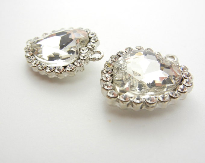 Pair of Crystal Heart Charms Silver-tone Rhinestone Edged