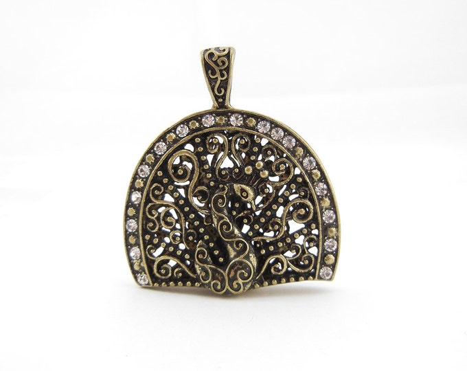 Antique or Burnished Gold-tone Dimensional Filigree Peacock Pendant