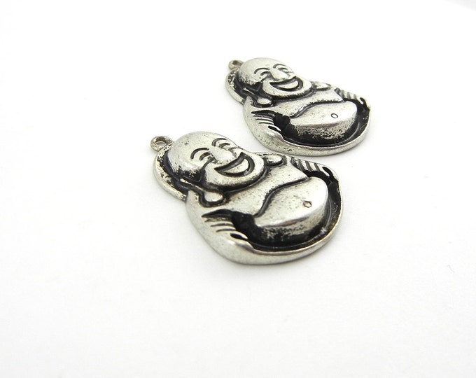 Pair of Antique Silver-tone Laughing Buddha Charms