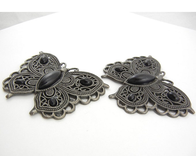 2 Hematite Filigree Butterfly Pendants with Black Acrylic Cabochons