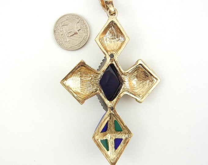 Gold-tone Blue and Green Acrylic Accented Cross Pendant