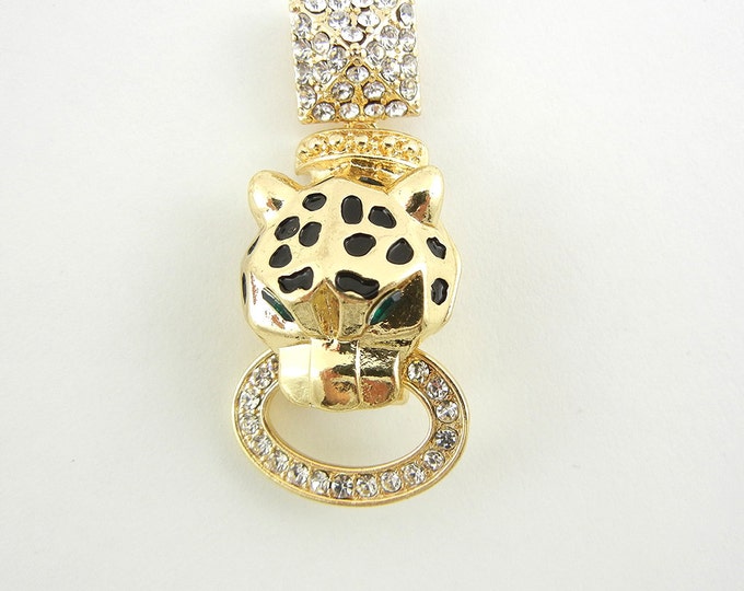 Gold-tone Leopard Pendant with Rhinestones Double Link