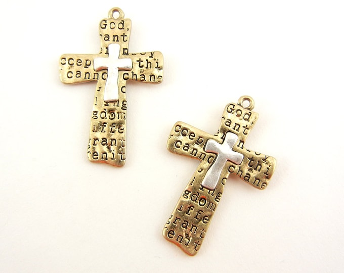 Pair of Two tone Cross Charms with Portion of the Serenity Prayer