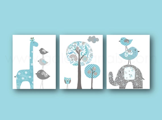 Nursery Art Baby Boy Nursery Decor Blue gray nursery wall art elephant nursery giraffe nursery bird Tree Kids wall art - Set of three prints by GalerieAnais