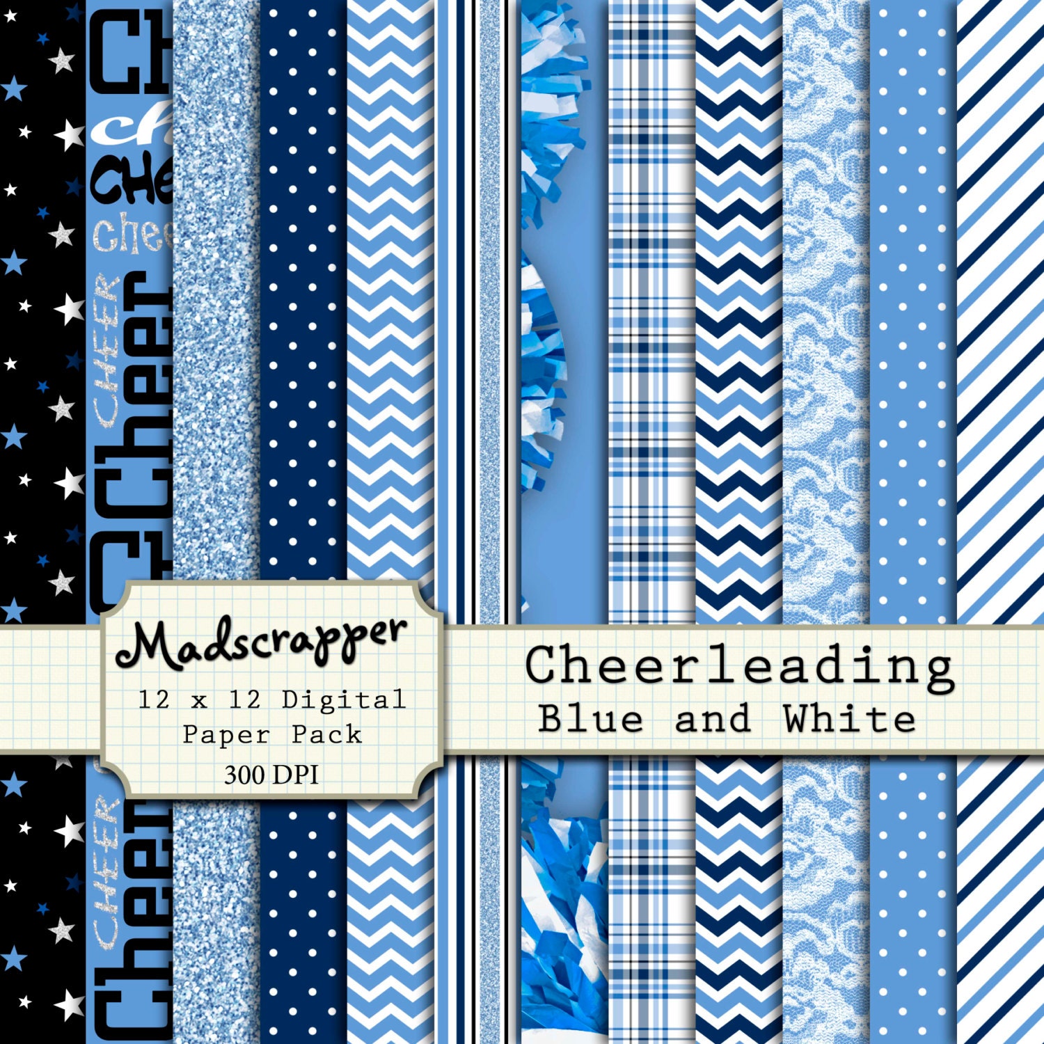 Digital Scrapbook Paper Cheerleading Blue and White by madscrapper