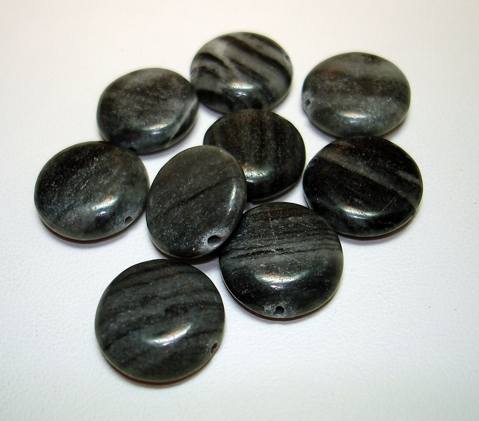 Black Grey Marble Flat Round Stone Beads Qty 9 B2137