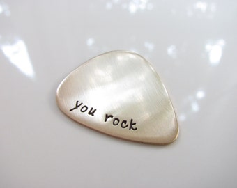 Guitar Pick - you rock - Hand Stamped Bronze - Made to Order