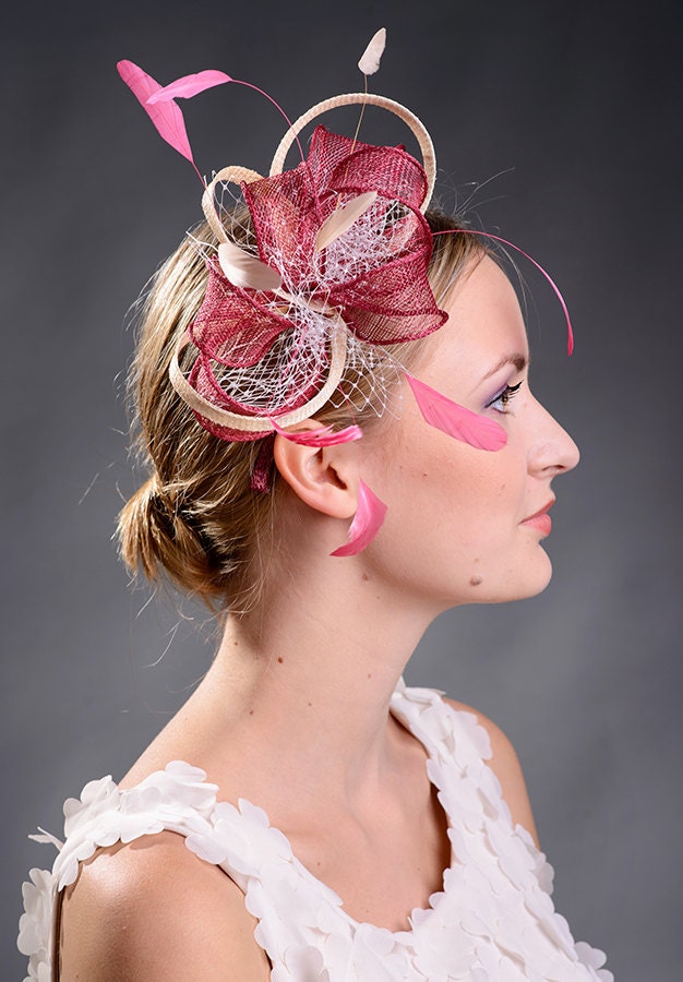Beige and burgundy fascinator for wedding races by MargeIilane