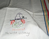 Hand Embroidered Vintage Style Kitchen Tea Towel  Witch Halloween