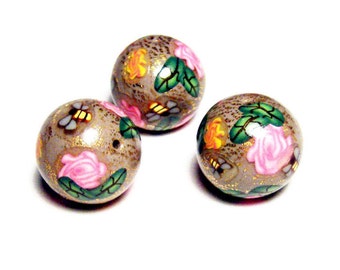 Handmade Beads Polymer Clay 3 Crazed Gold Leaf DIY Art Nouveau Victorian Taupe Pink Rose Bee Leaf Canework Bead Supplies 15 mm
