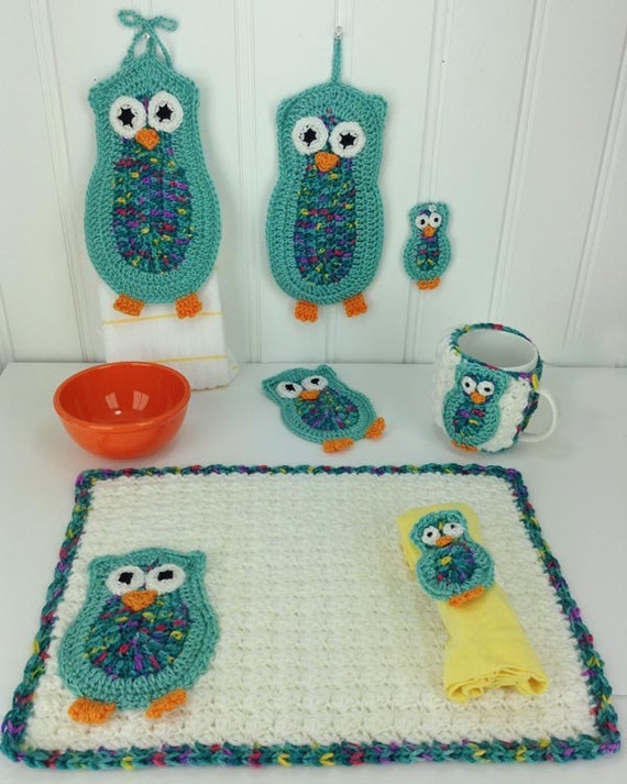 pattern towel crochet owl holder by Kitchen PDF Owl Pattern Crochet Set Maggiescrochet on Etsy