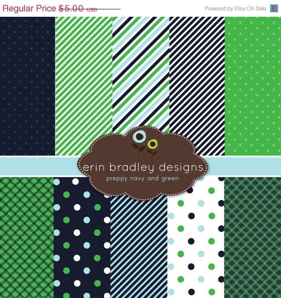 50% OFF SALE Digital Scrapbook Papers Personal and Commercial Use Preppy Navy Blue and Kelly Green Medley Il_570xn