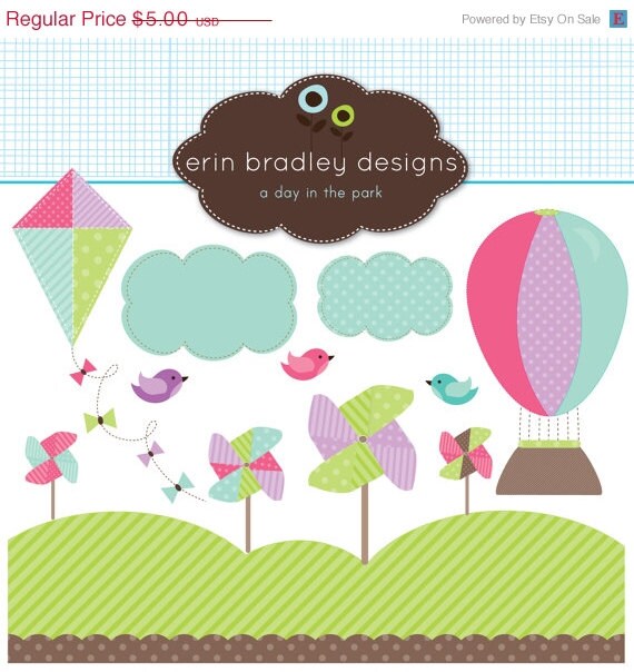 50% OFF SALE Digital Clipart Clip Art Personal & Commercial Use Pinwheels Hot Air Balloon Kit and Birds Il_570xn