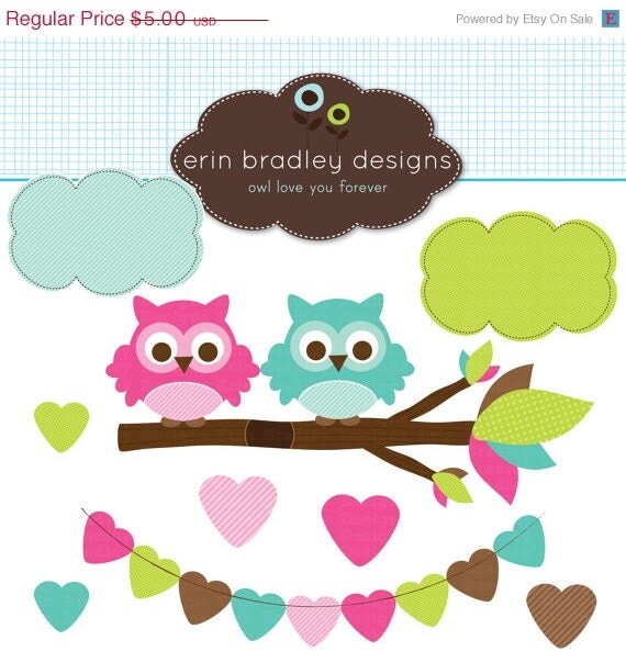 50% OFF SALE Pink and Blue Owls in a Branch Clipart Graphics Commercial Use Digital Clip Art Il_570xn