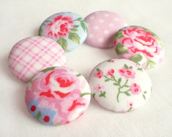 Fabric Buttons - Shabby Romantic Chic - 6 Medium Pink, Blue and White Floral and Gingham and Polka Dots Fabric Covered Buttons