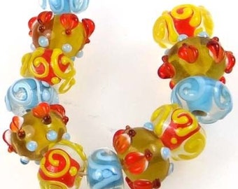 Lampwork Handmade Glass Beads Blue Yellow Orange Rondelle (12) (L1038)